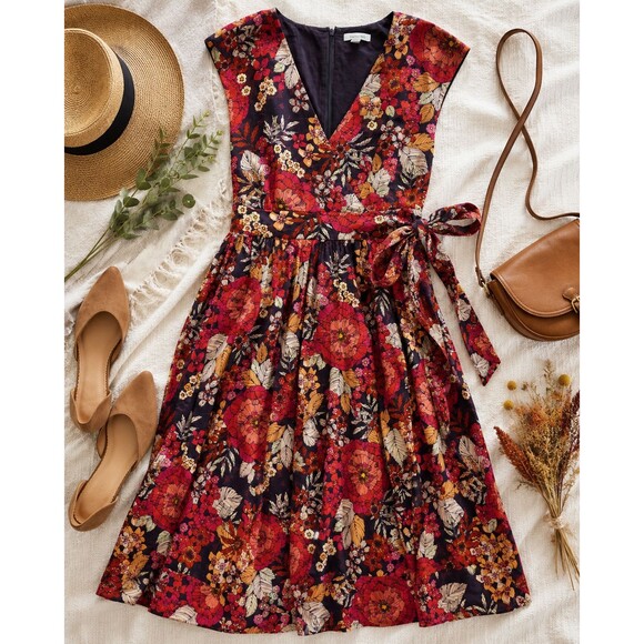 Garnet Hill Dresses & Skirts - Garnet Hill Dress Womens 8 Floral 100% Cotton Fit Flare Waist Tie Midi